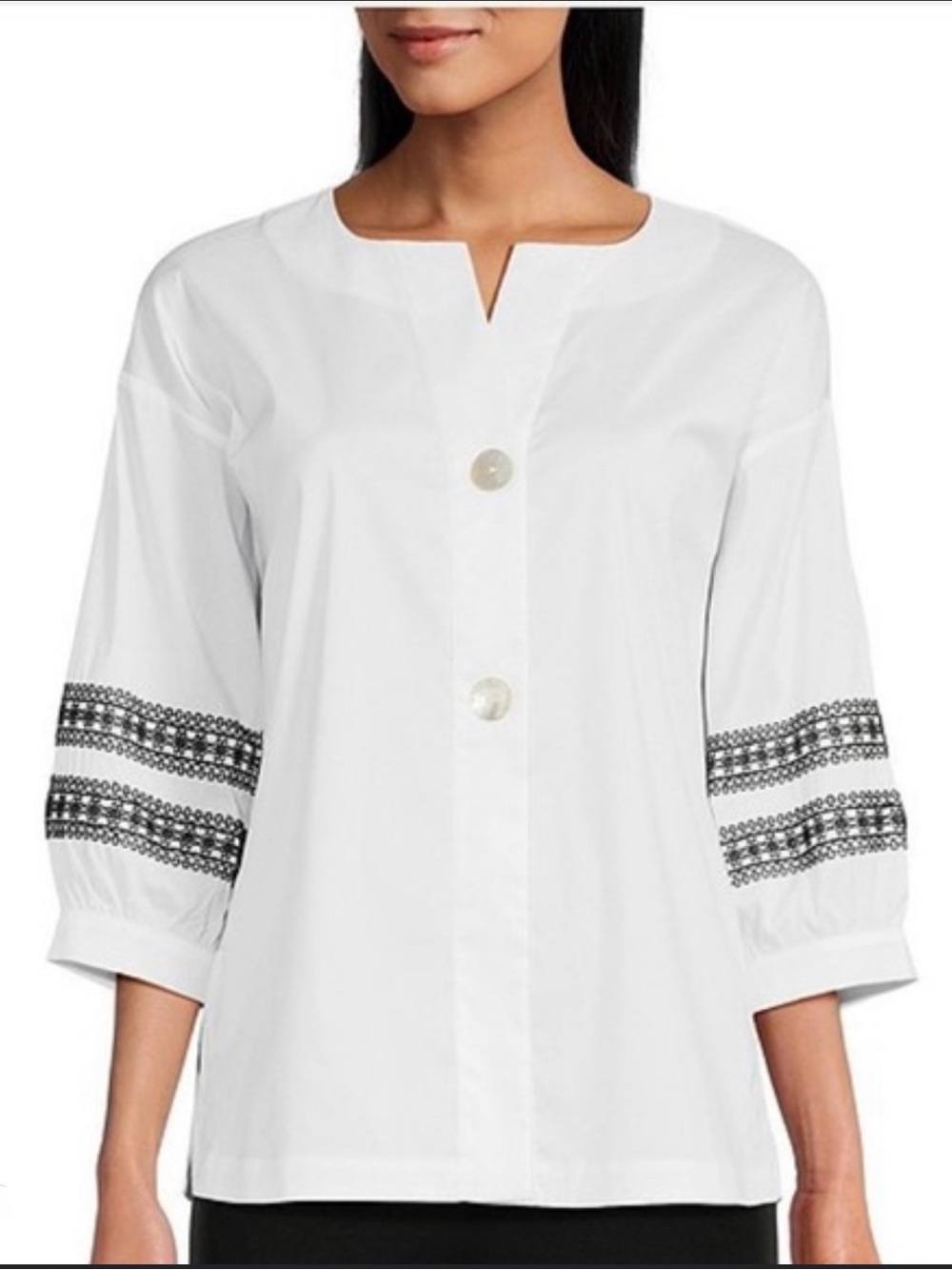 Ming Wang White Split-Neck Button Front Top w/Black Embroidered Sleeve Bands NWT